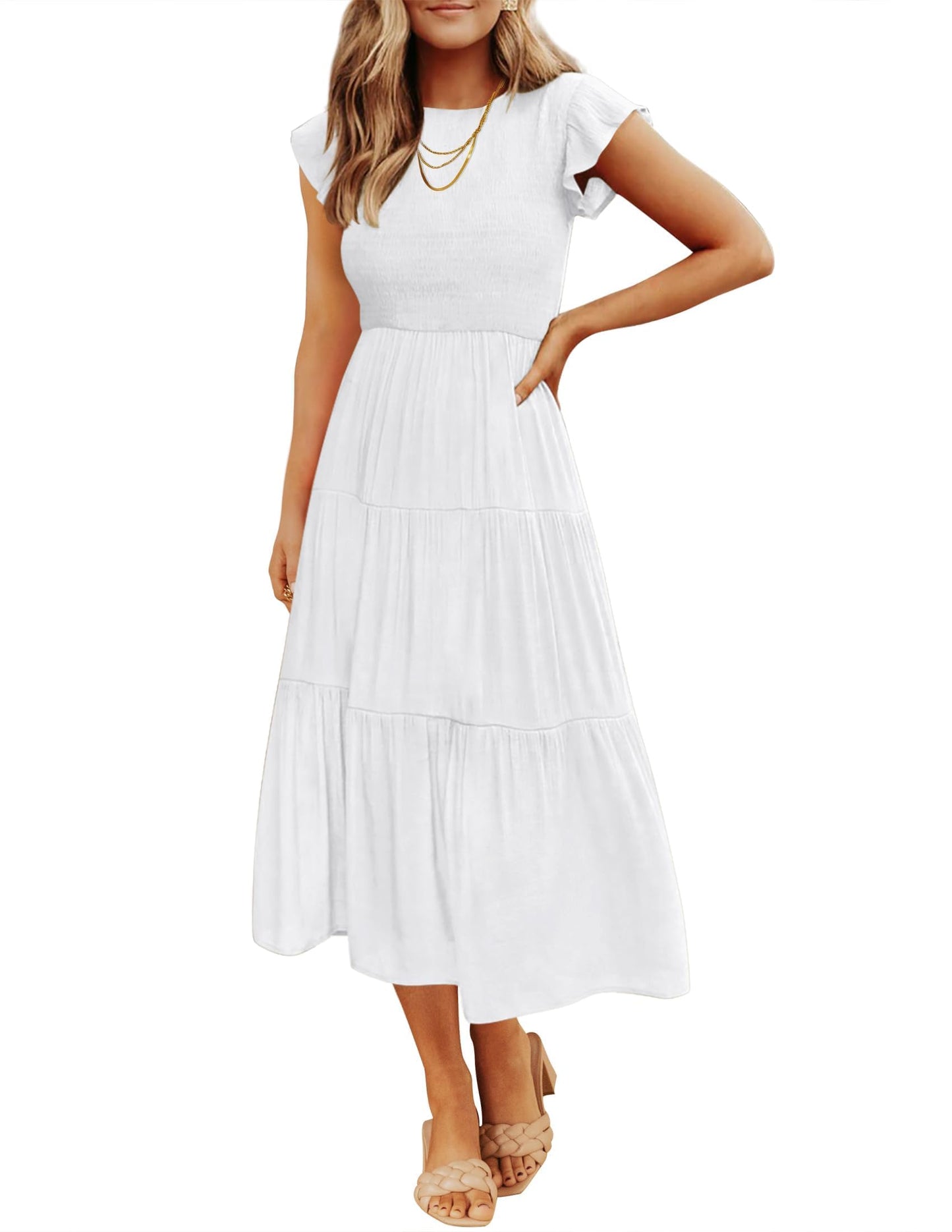 Blue Casual Dresses - Women's Summer Tiered Midi Dress - Flutter Sleeve Smocked Waist White