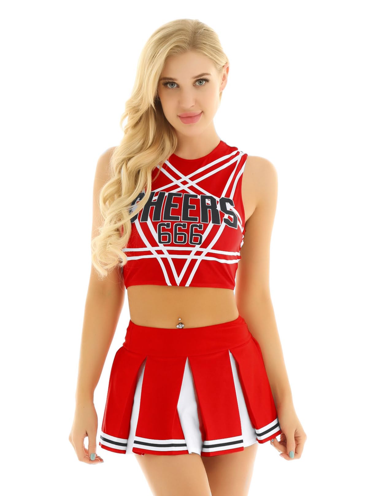 Cheerleader Costume - Women's Crop Top with Pleated Mini Skirt Uniform Cerise