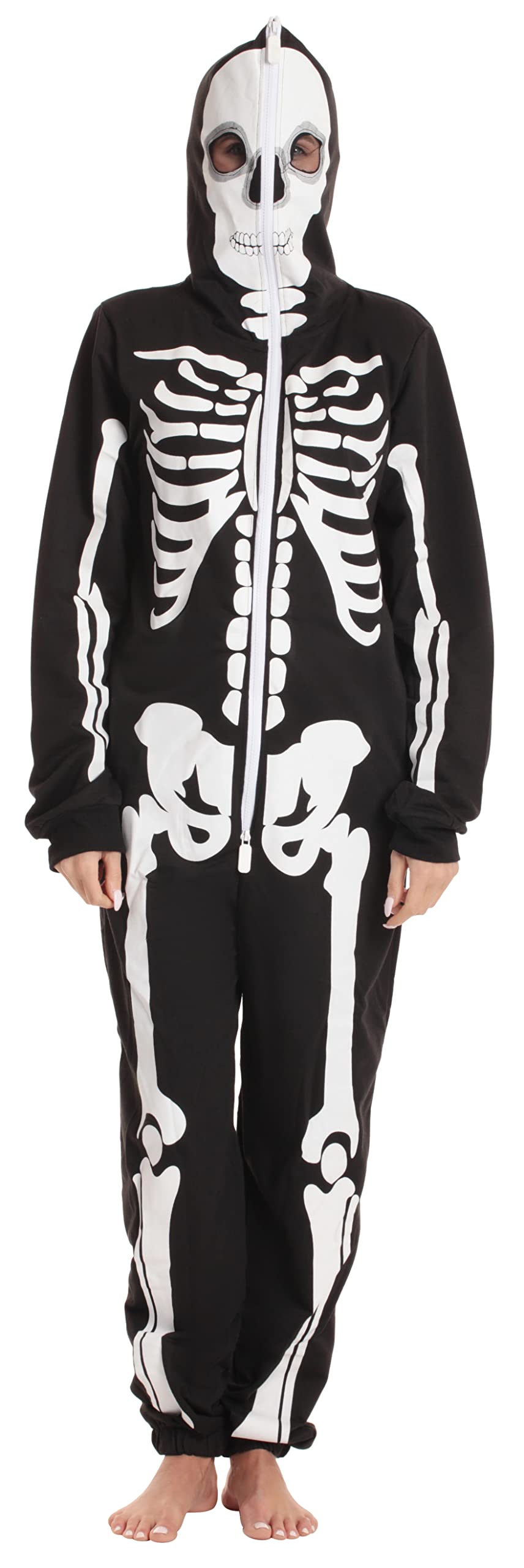 Adult Onesie Pajamas Costume - Cozy Fleece Jumpsuit for Women Men Skeleton Front and Back Print