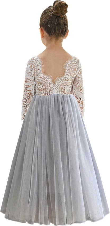 Girls Tulle Flower Girl Dress - Lace Back A-Line Party Dress Light Gray Maxi