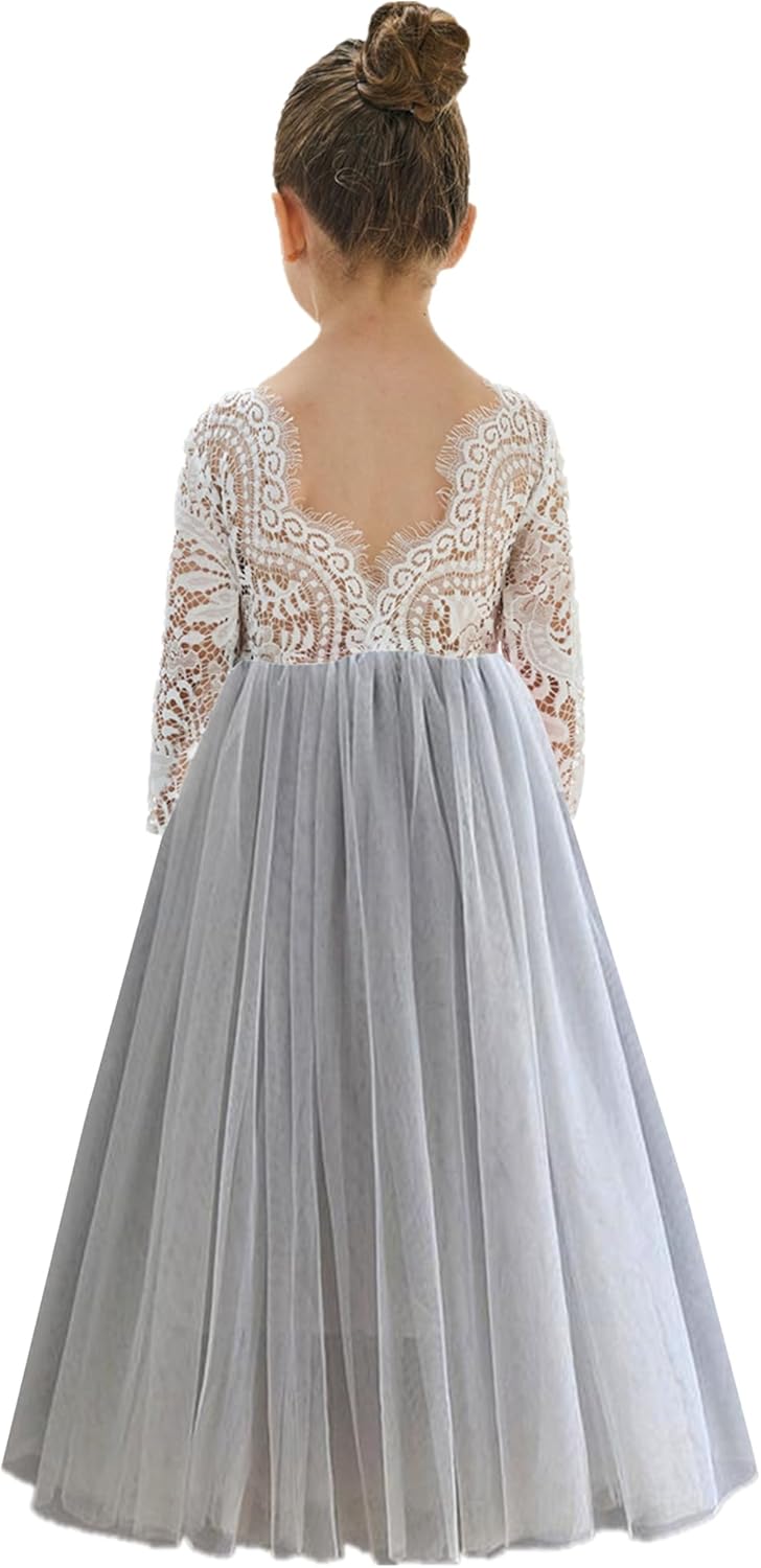 Girls Tulle Flower Girl Dress - Lace Back A-Line Party Dress Light Gray Maxi