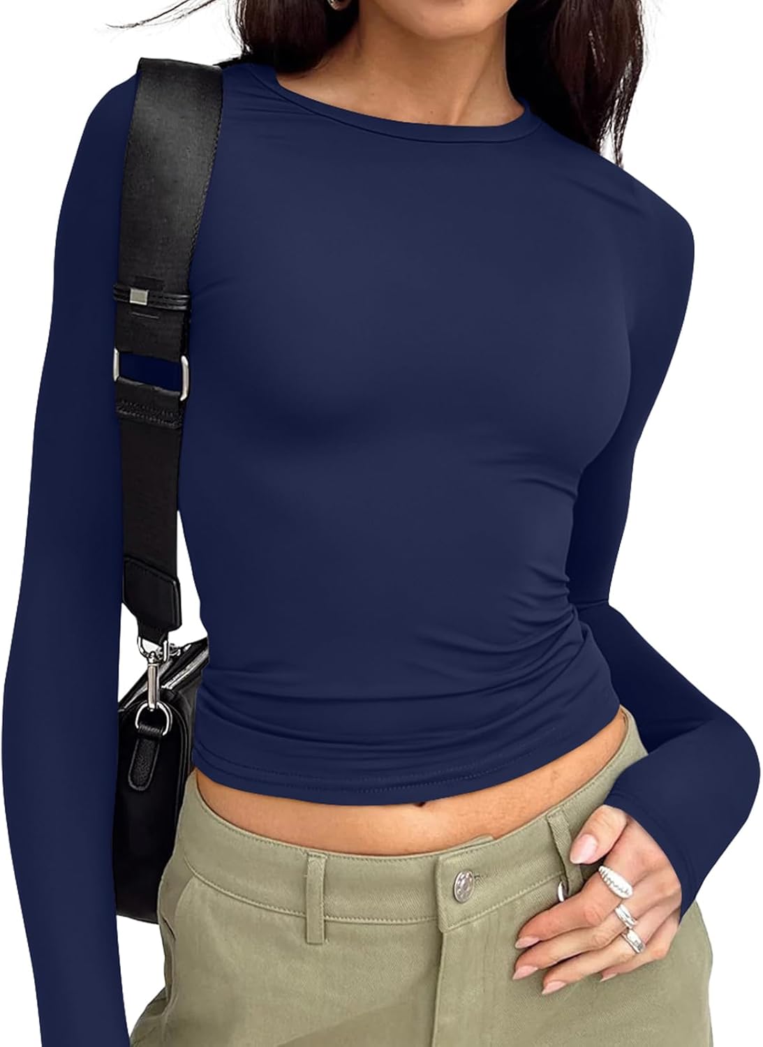 Long Sleeve Crop Top for Women - Stretchy Basic Tee with Crew Neck