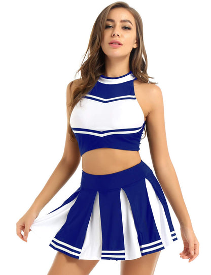 Cheerleader Costume - Women's Crop Top with Pleated Mini Skirt Uniform Blue