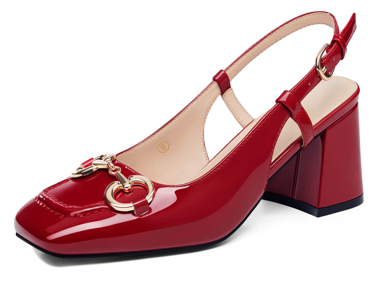 Coutgo Women's Slingback Chunky Block Heels Pumps Square Toe Metal Buckle Party Dress Work Shoes, Red, Size 9