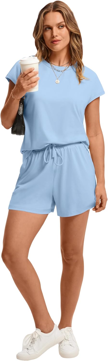 Women's 2 Piece Summer Lounge Set Crew Neck Short Sleeve Tracksuit