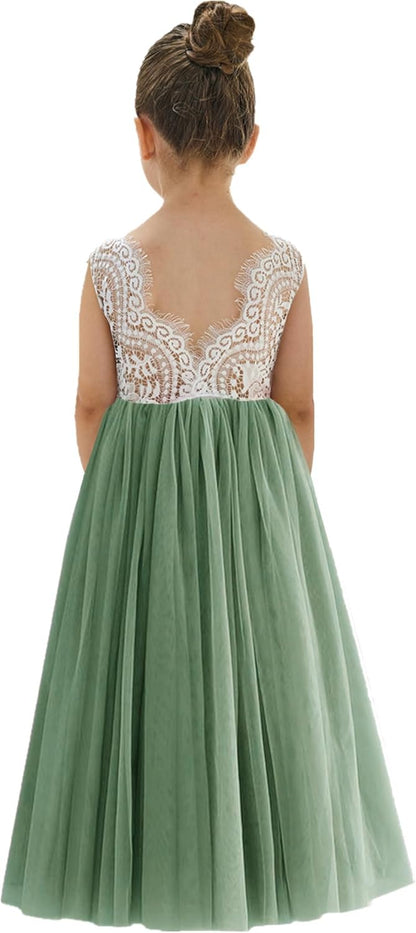 Girls Tulle Flower Girl Dress - Lace Back A-Line Party Dress Sage Green Sleeveless Maxi