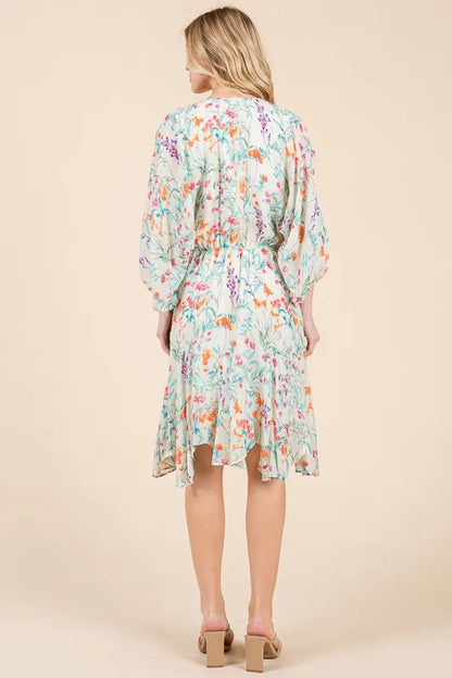 Lime 'N' Chili Floral Cinched Waist Balloon Sleeve V-Neck Dress