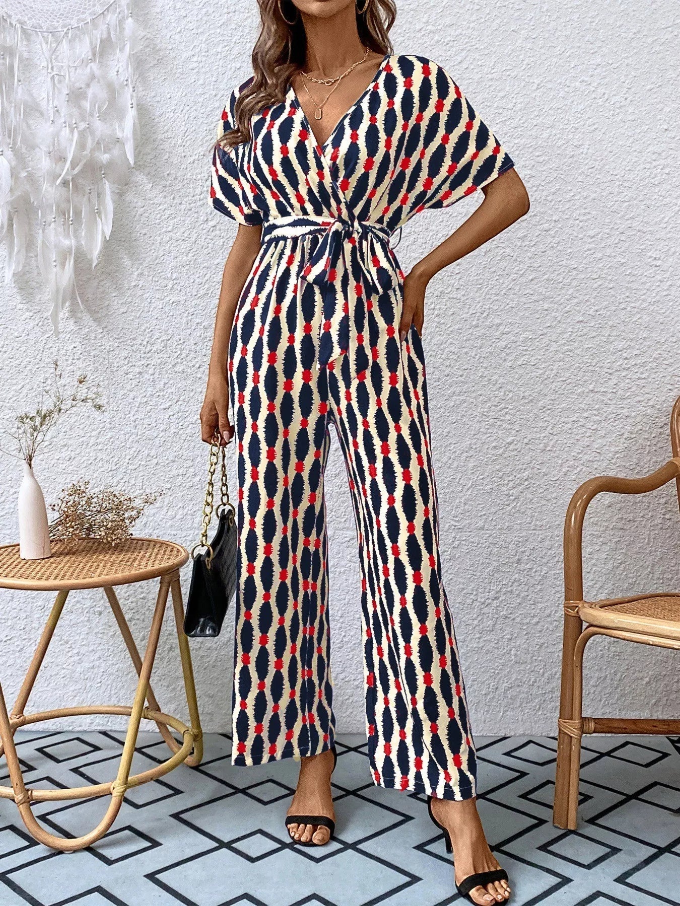 Printed Surplice Tie Waist Short Sleeve Jumpsuit