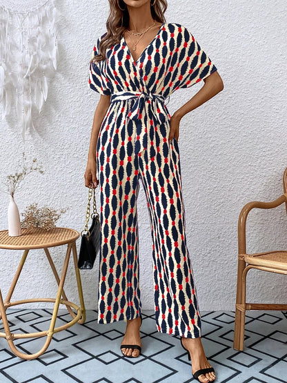 Printed Surplice Tie Waist Short Sleeve Jumpsuit