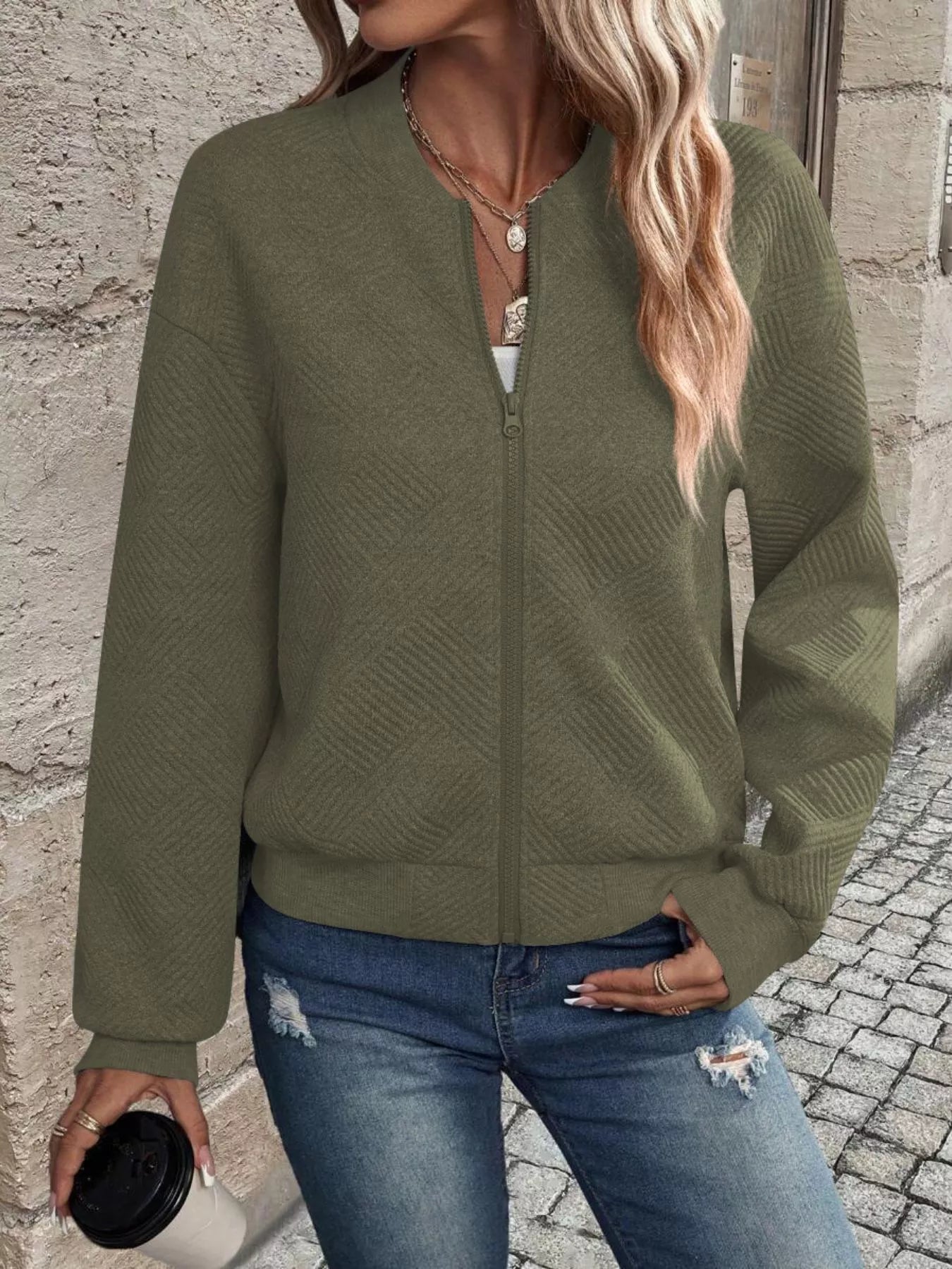 Texture Zip-Up Bomber Jacket Army Green