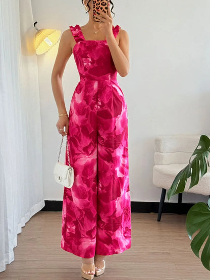 Floral Print Square Neck Wide Leg Jumpsuit