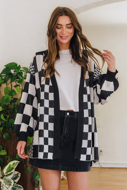 Back To School Sweater - Annie Wear Checkered Open Front Drop Shoulder Cardigan Black