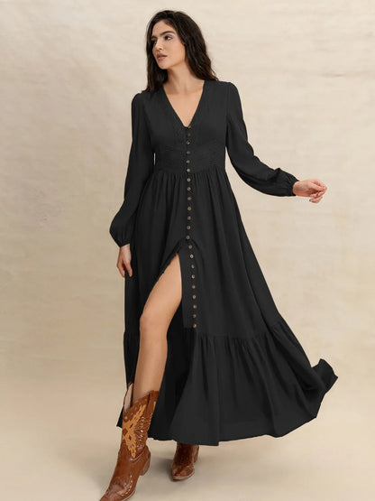 V-Neck Long Sleeve Dress Black