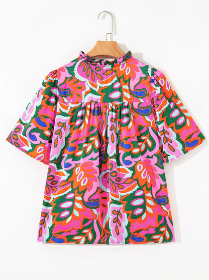 Tropical Print Short Sleeve Tie Neck Blouse
