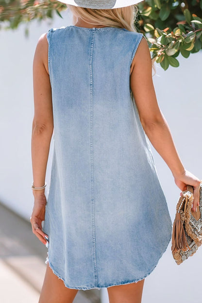 Wash Notched Sleeveless Mini Denim Dress