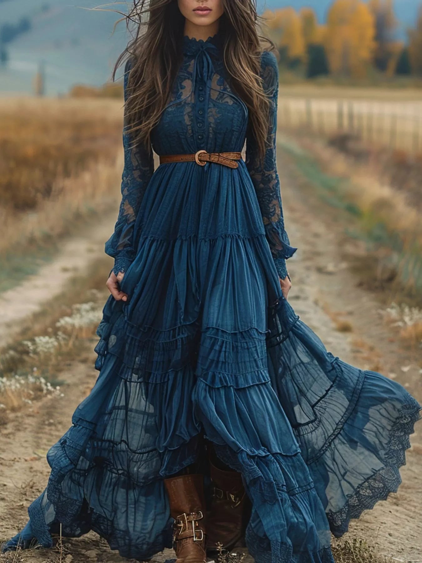 Lace Long Sleeve Maxi Dress Peacock Blue
