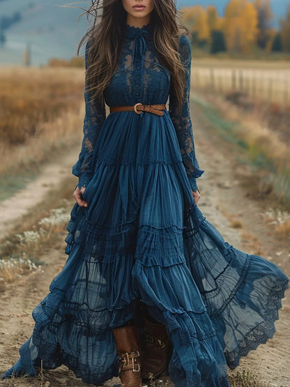 Lace Long Sleeve Maxi Dress Peacock Blue