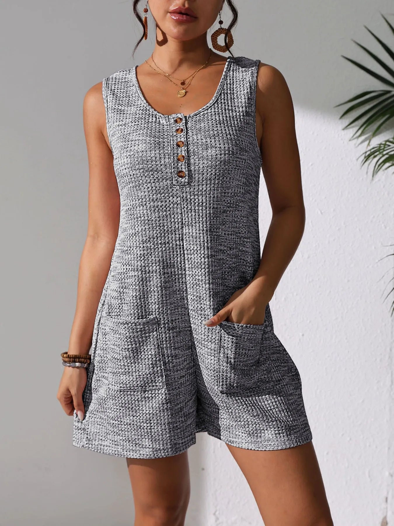 Full Size Button Front Romper with Pockets Plus Size Grey