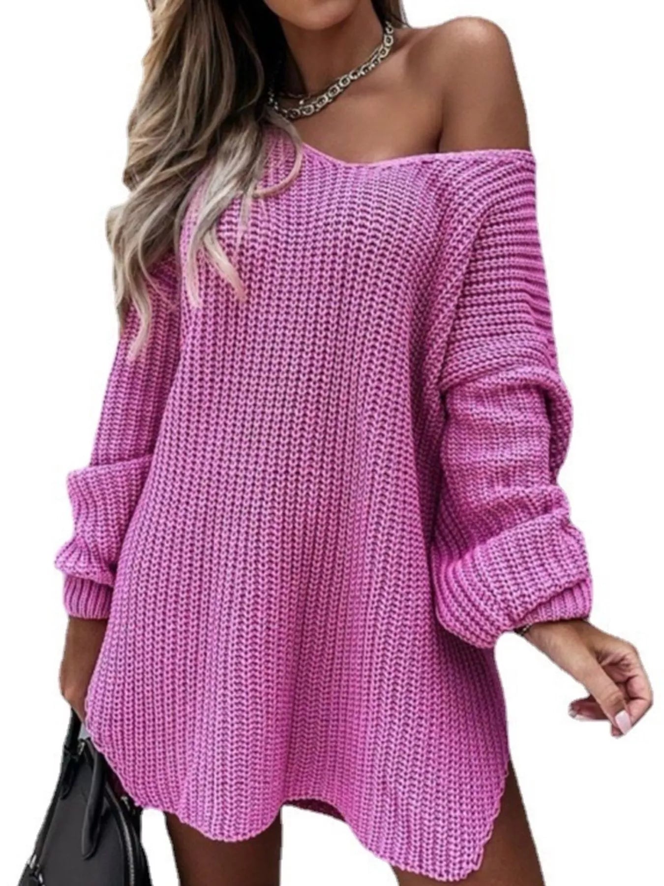 Slit Long Sleeve Sweater Dress Pink