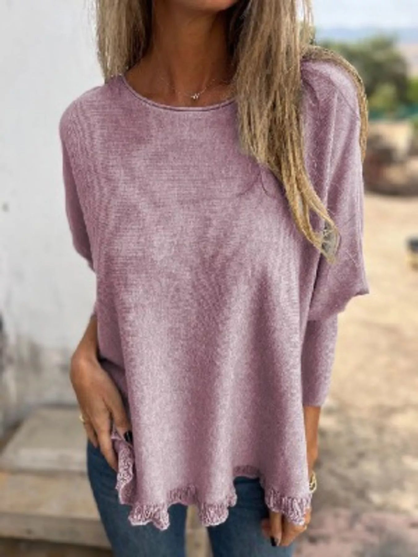 Full Size Round Neck Long Sleeve Knit Top with Lace Trim Plus Size Pink