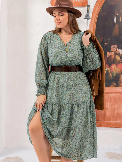 Plus Size Printed V-Neck Long Sleeve Midi Dress