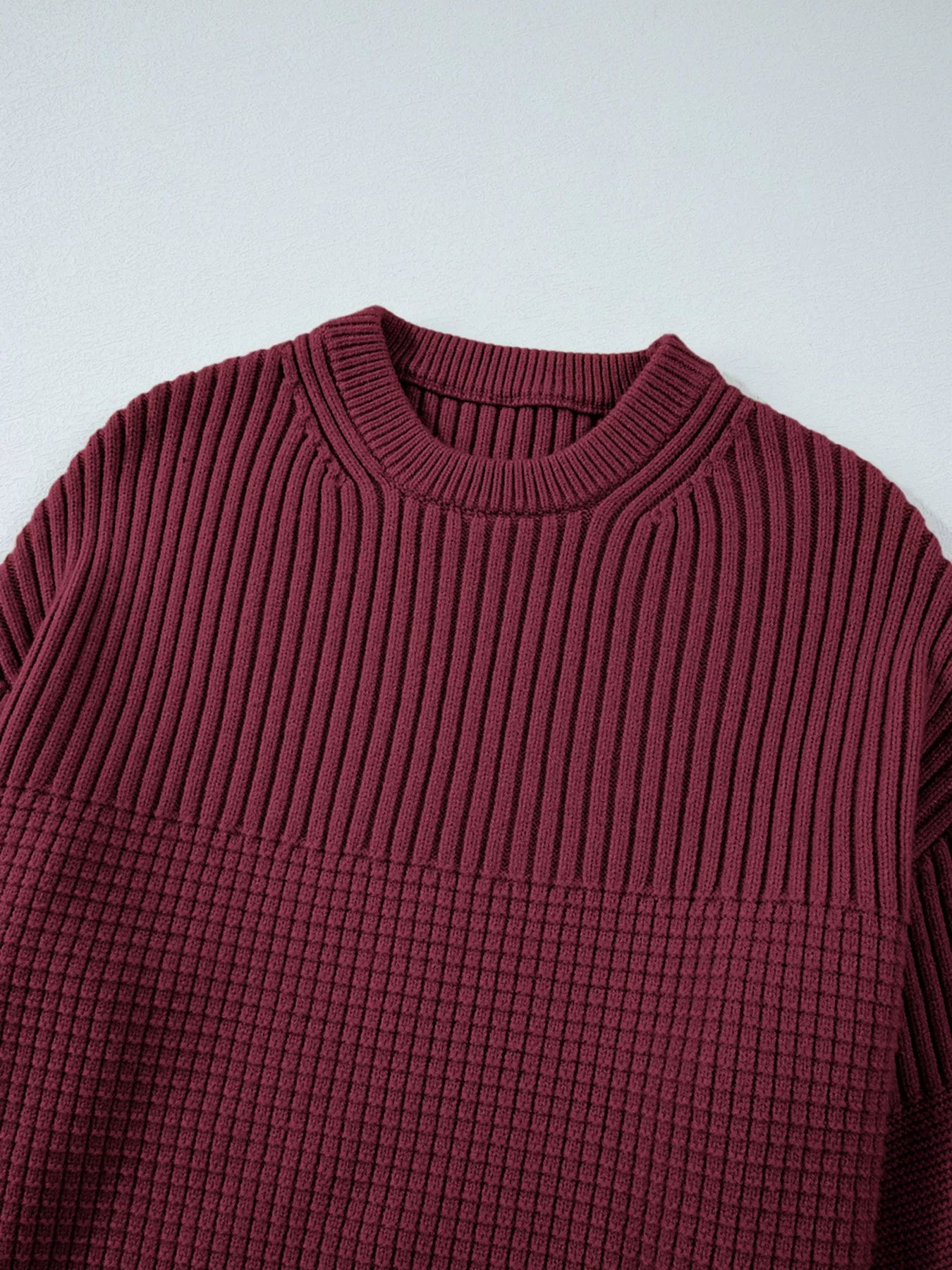 Solid Color Mixed Textured Knitted Crew Neck Sweater