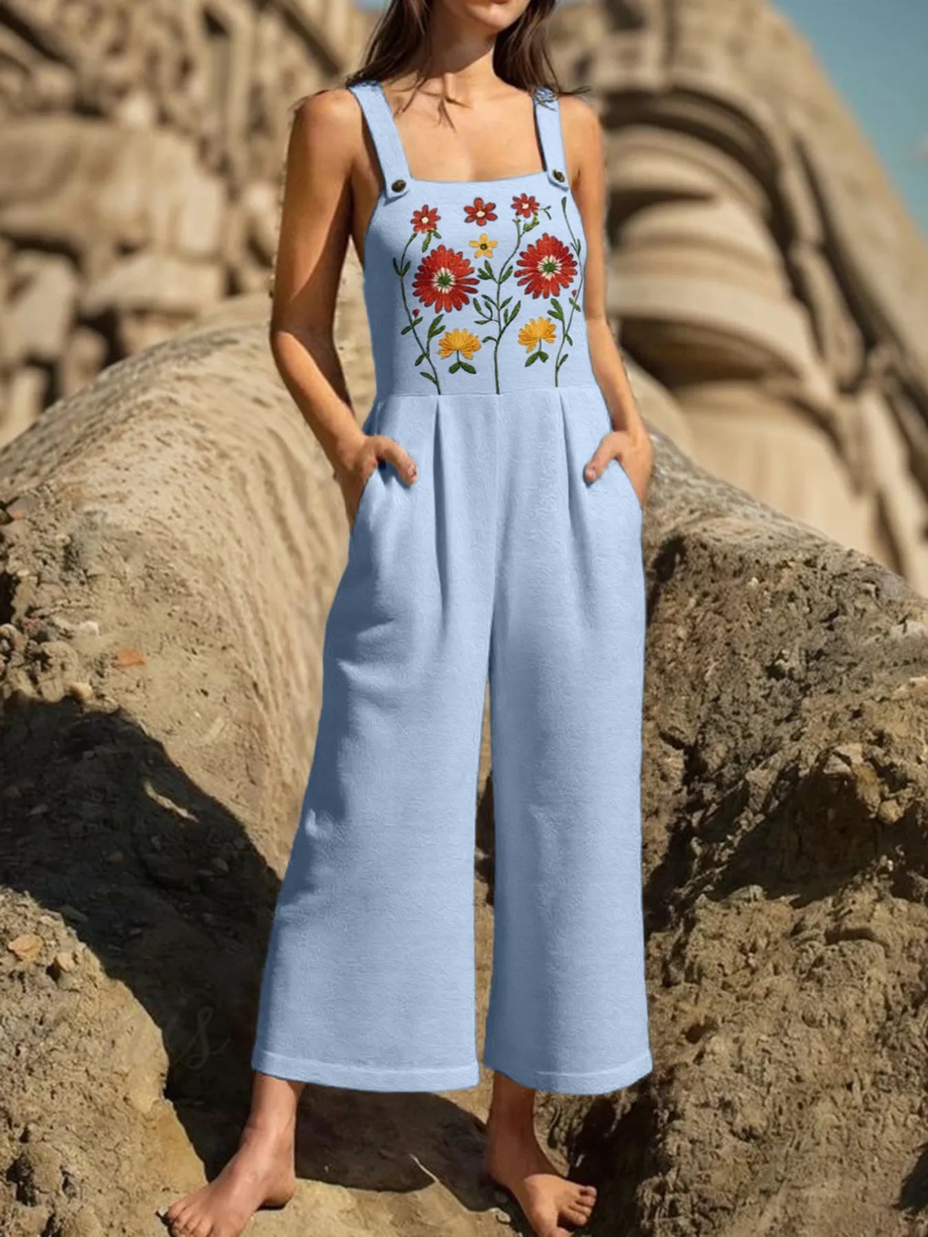 Floral Embroidered Wide Leg Jumpsuit Light Blue
