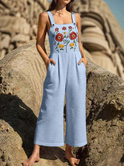 Floral Embroidered Wide Leg Jumpsuit Light Blue