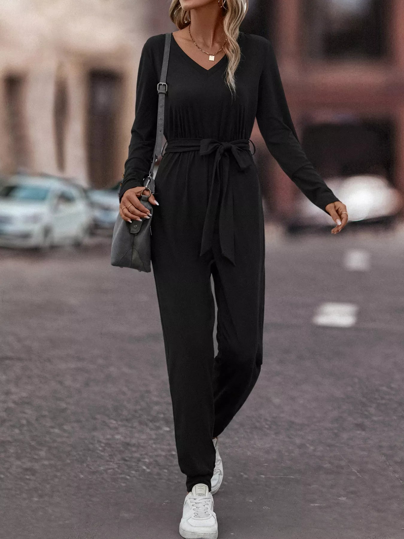 V-Neck Long Sleeve Tie Waist Jumpsuit