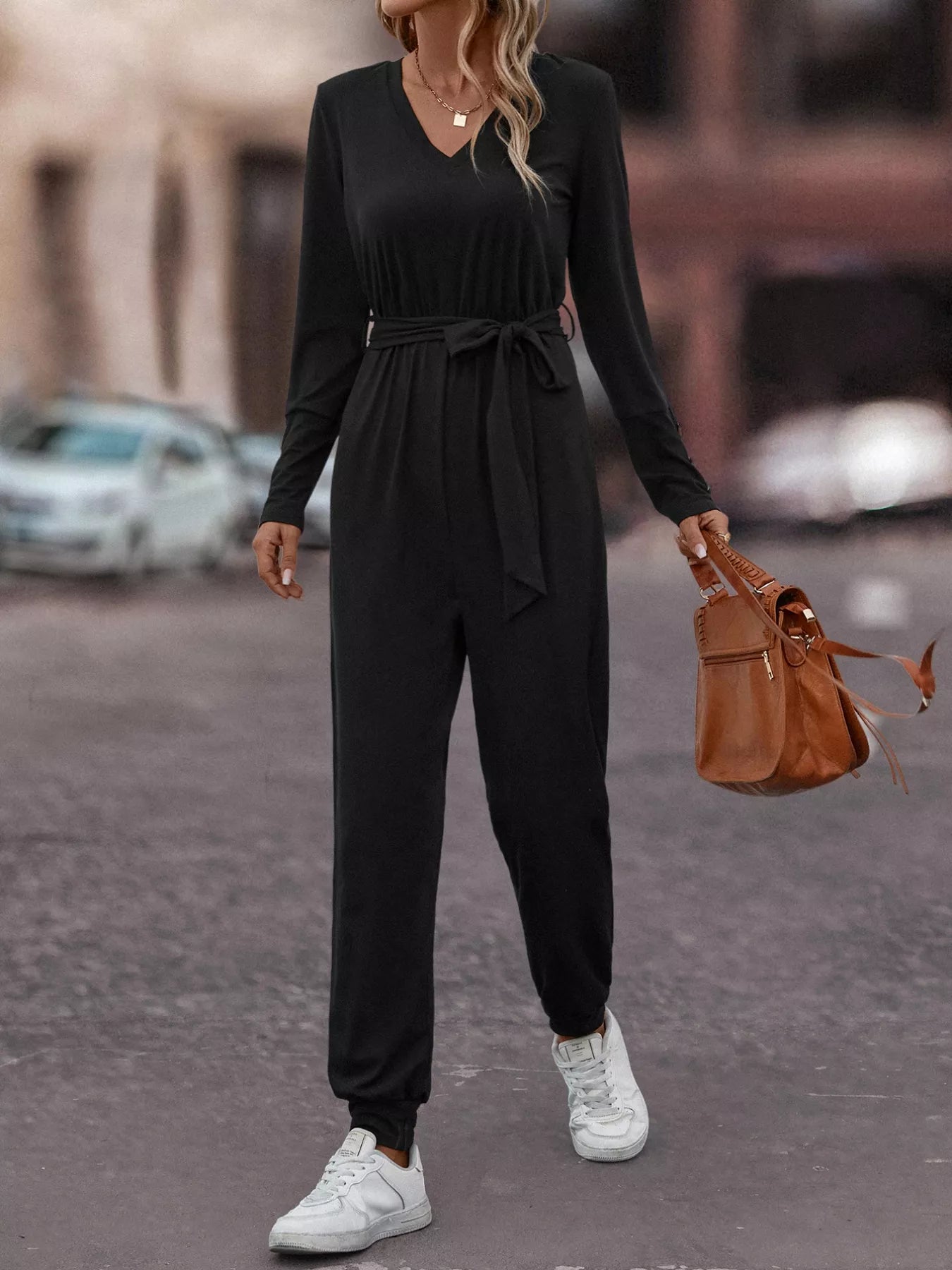 V-Neck Long Sleeve Tie Waist Jumpsuit