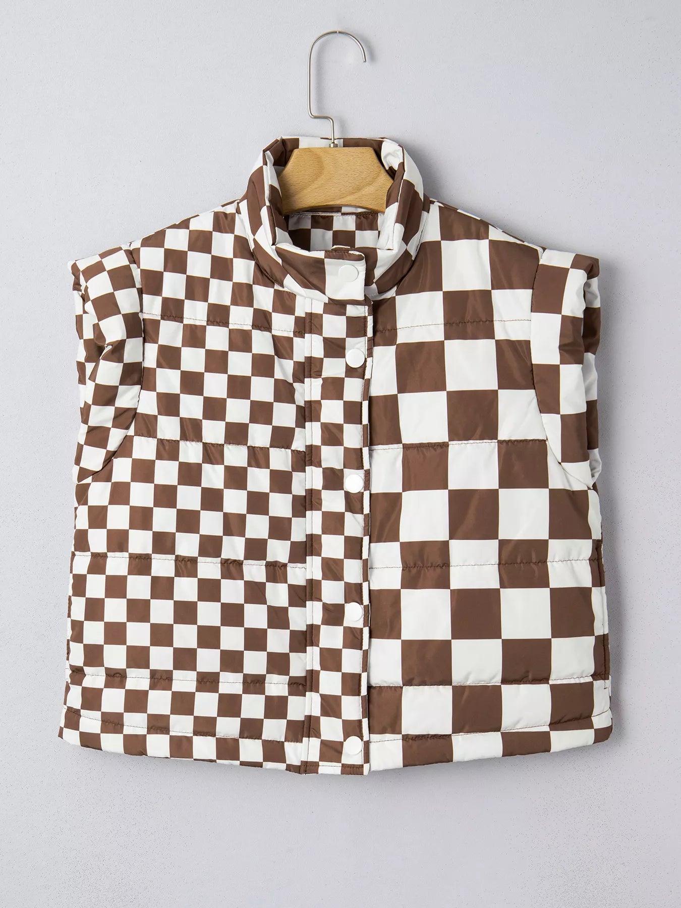 Double Checked Stand Collar Cropped Puffer Vest