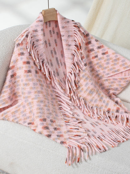 Fringe Open Front Half Sleeve Poncho Blush Pink One Size