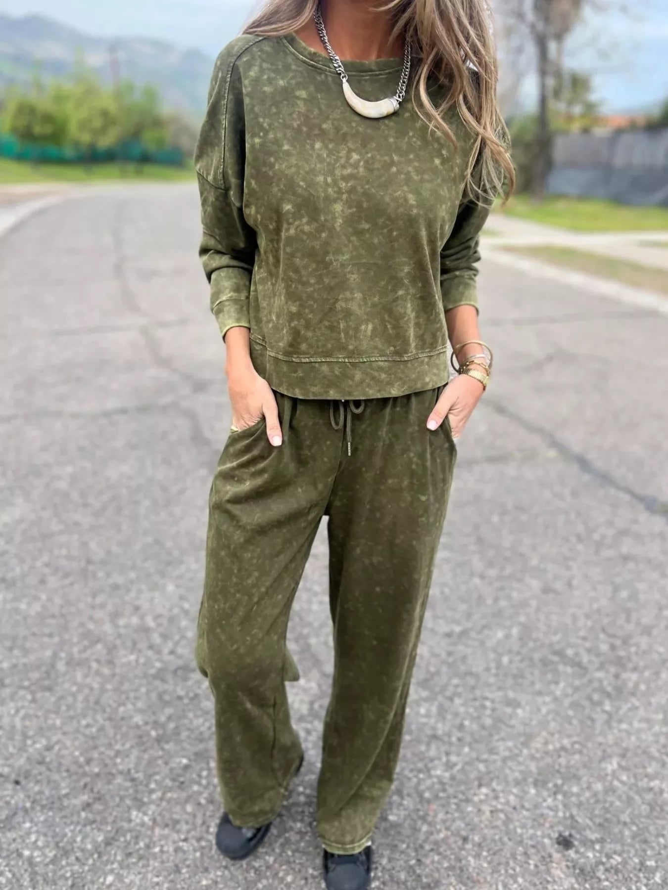 Full Size Washed Round Neck Top and Drawstring Pants Set Plus Size Green