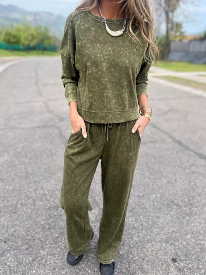 Full Size Washed Round Neck Top and Drawstring Pants Set Plus Size Green