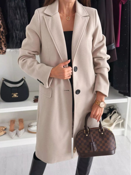 Lapel Collar Long Sleeve Coat Khaki