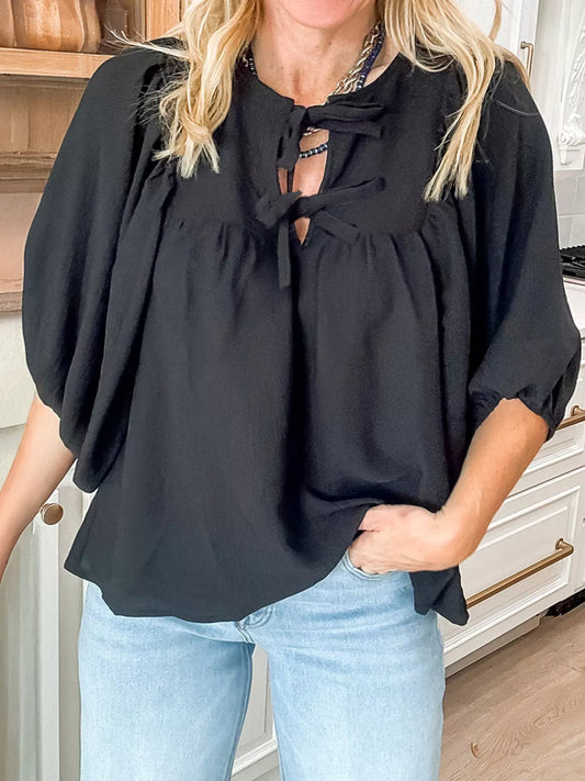 Bow Tie Neck 3/4 Sleeve Casual Blouse Black