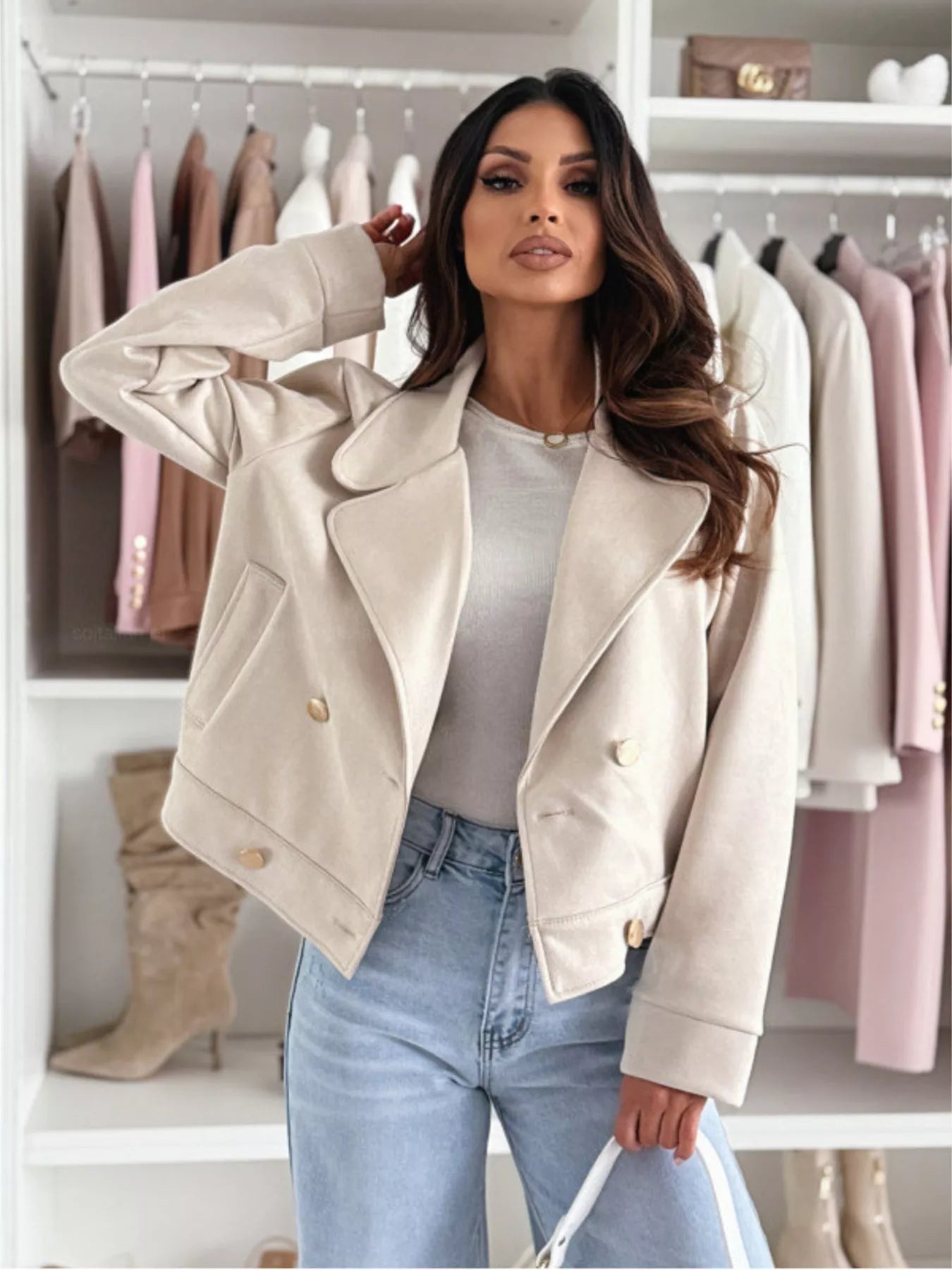 Double-Breasted Lapel Collar Jacket Apricot