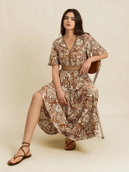 Lace Detail Printed Short Sleeve Midi Dress