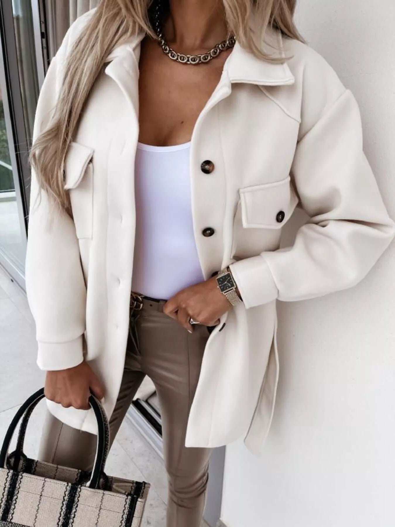 Button-Down Tie Waist Coat White
