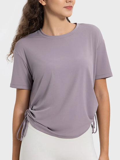 Millennia Drawstring Round Neck Short Sleeve Active T-Shirt Lilac