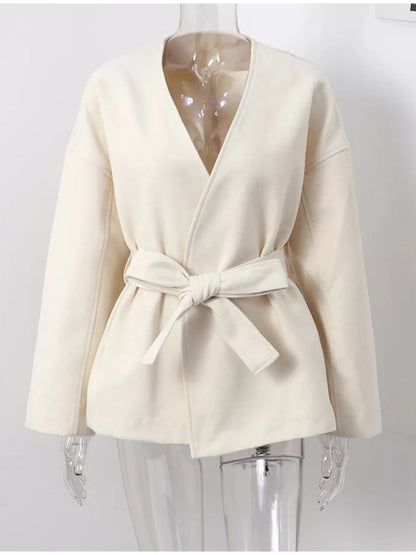 Surplice Tie Waist Dropped Shoulder Outerwear