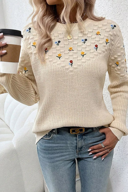 Floral Round Neck Dropped Shoulder Sweater Beige