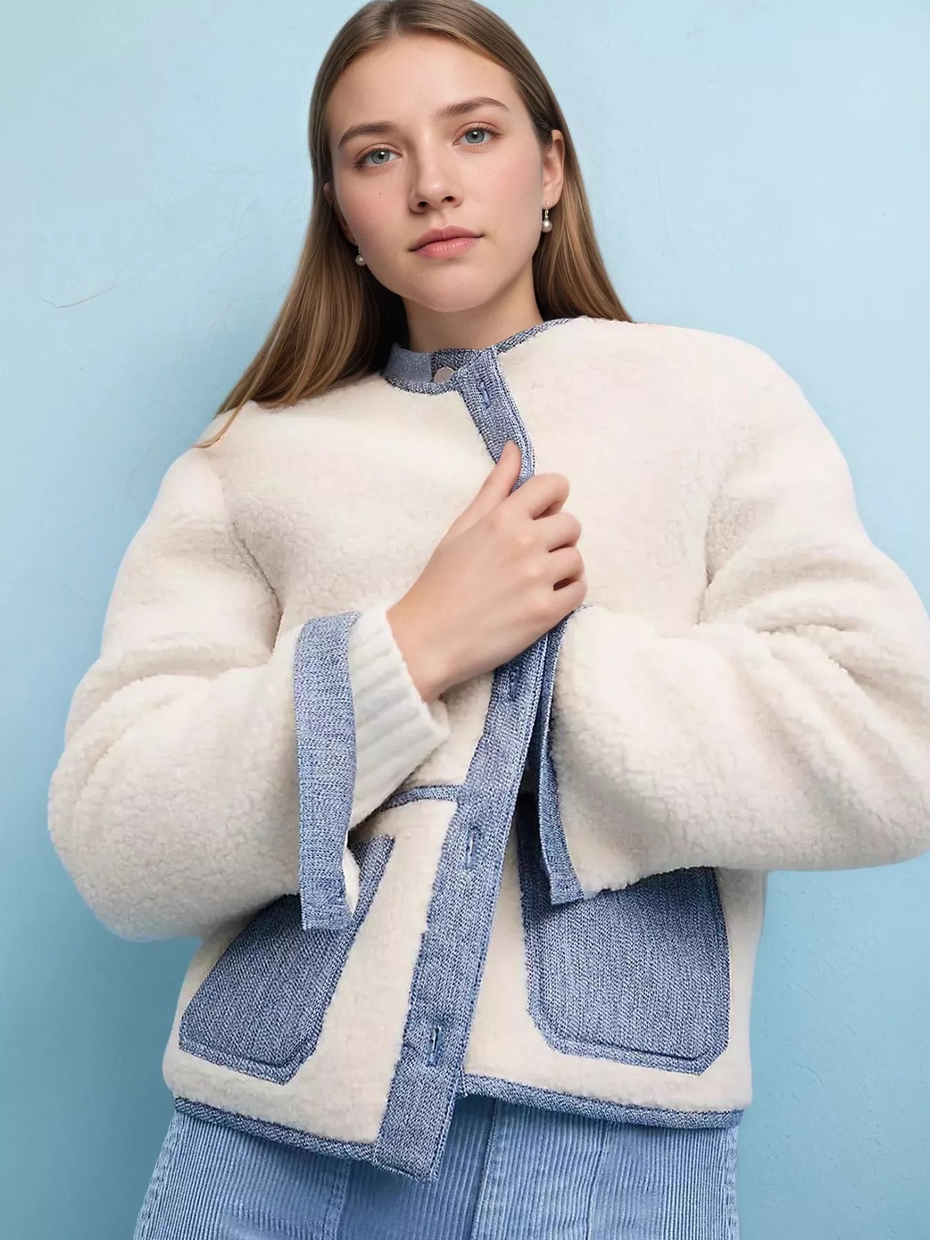 Contrast Trim Teddy Jacket White