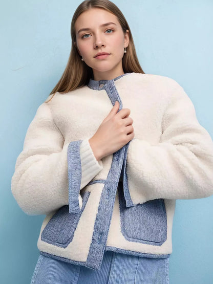Contrast Trim Teddy Jacket White