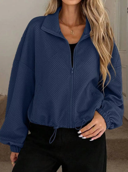 Textured Zip-Up Drawstring Hem Jacket Navy