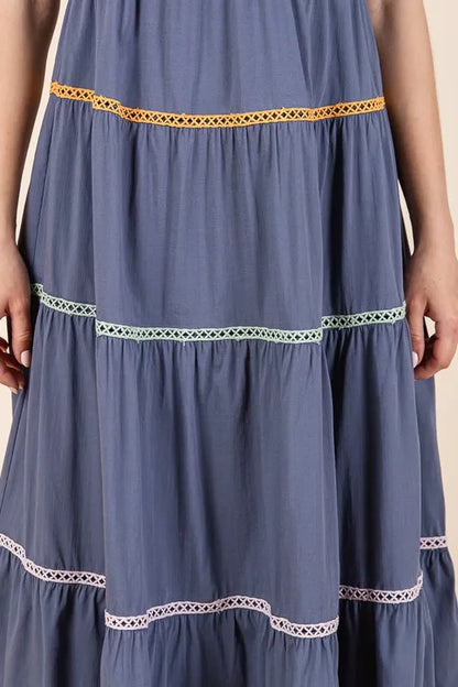 Lime 'N' Chili Trim Detail Puff Sleeve Tiered Maxi Dress