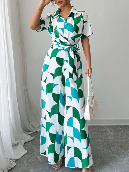 Printed Wide Leg Belted Jumpsuit