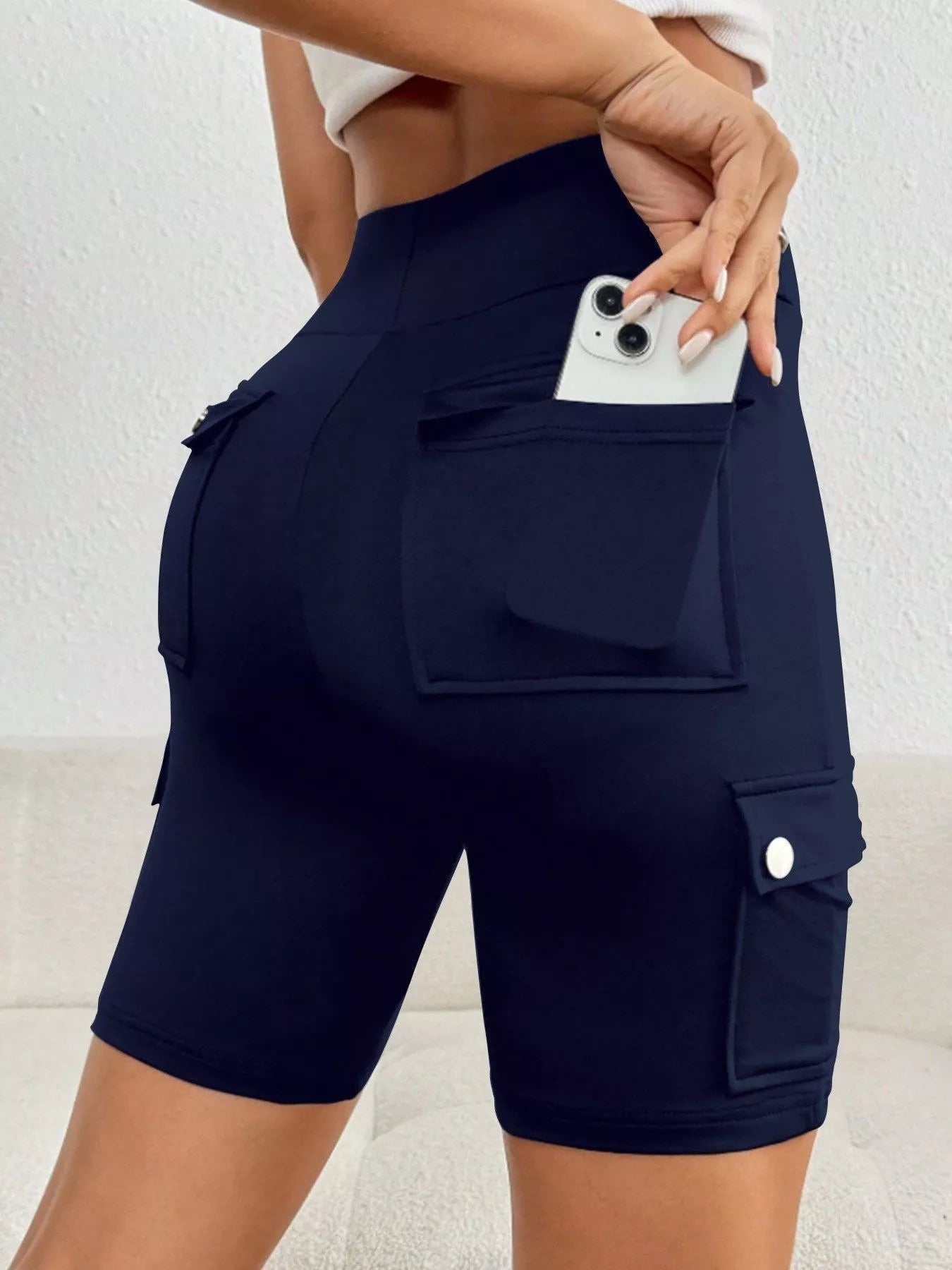 High Waist Pocketed Active Shorts Dark Blue