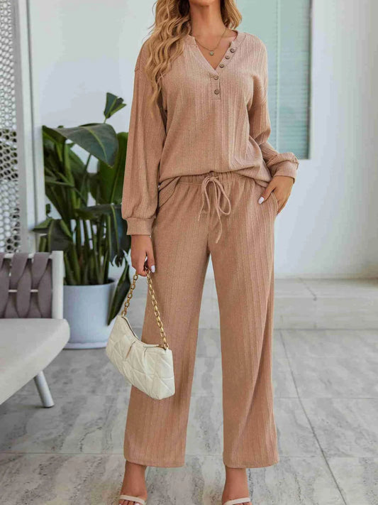 Ribbed Knit Top and Pants Lounge Set with Button Detail Khaki