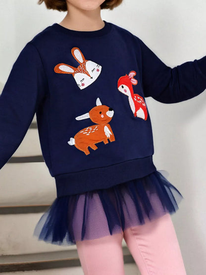 Children's Cute Animal Tulle Hem Sweatshirt Dark Navy